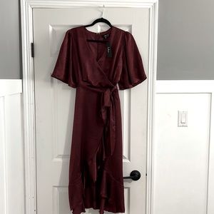 Wrapped Up In Love Burgundy Satin Faux-Wrap Midi Dress